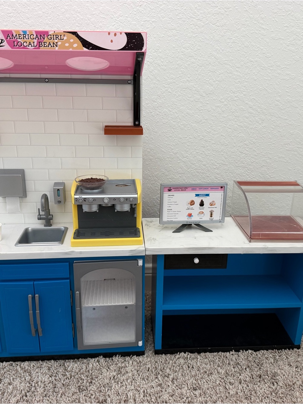 American Girl Yellow Espresso Machine and Blue Doll Café Counter Set